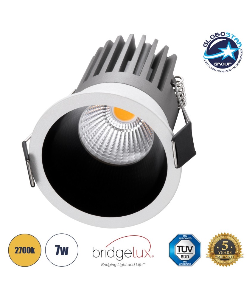 GLOBOSTAR® MICRO-B 60241 Χωνευτό Downlight Σποτ LED 7W 875lm 38° AC 220-240V IP20 Θερμό Λευκό 2700K - Bridgelux COB Chip & TÜV SÜD Driver - Λευκό & Μαύρο Ματ - Μ6 x Π6 x Υ7.8cm - Q5cm - 5 Χρόνια Εγγύηση